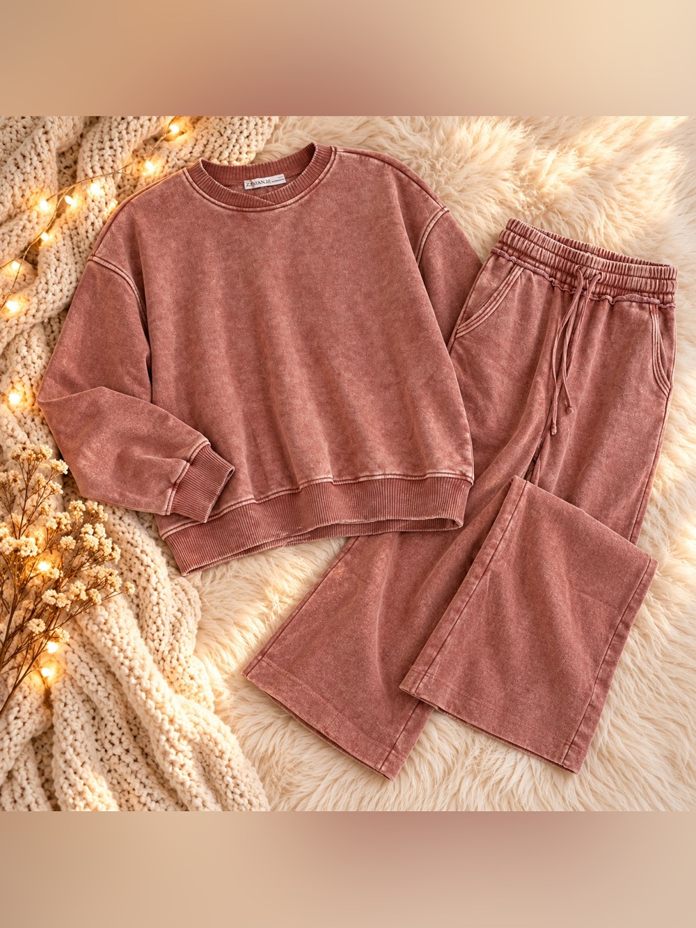 New Zenana Cinnamon Mineral Wash Fleece Lounge Set S/M